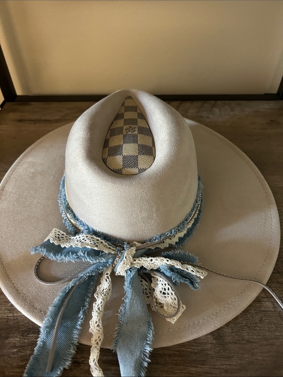 Beige Wide Brim Hat with Blue Trim and repurposed LV insert on crown of hat
